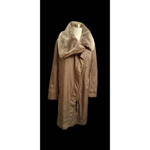ANN TAYLOR Sage Green Womens Long Lined Coat w/ Faux Fur Collar - Size XS - Picture 1 of 6